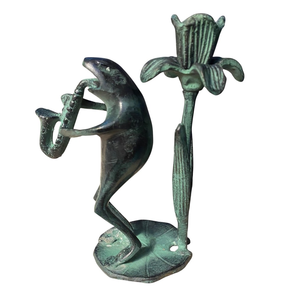 Vtg Bronze Verdigris Frog Saxophone Figurine Candle Stick Lily Music Garden